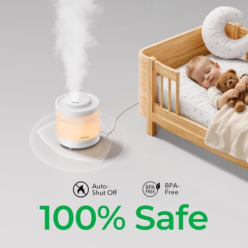 Homvana Small Humidifiers - 1.5L Cool Mist Top Fill Diffuser for Baby Nursery & Home | 3-in-1 with 7 Color Lights