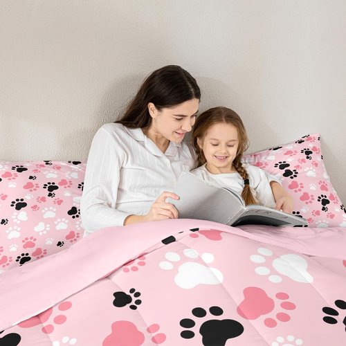 Feelyou Kids Dog Comforter Set - Twin Size, Kawaii Dog Animals Print Bedding Set - Pink, White, Black Duvet & Quilt Set (2Pcs)