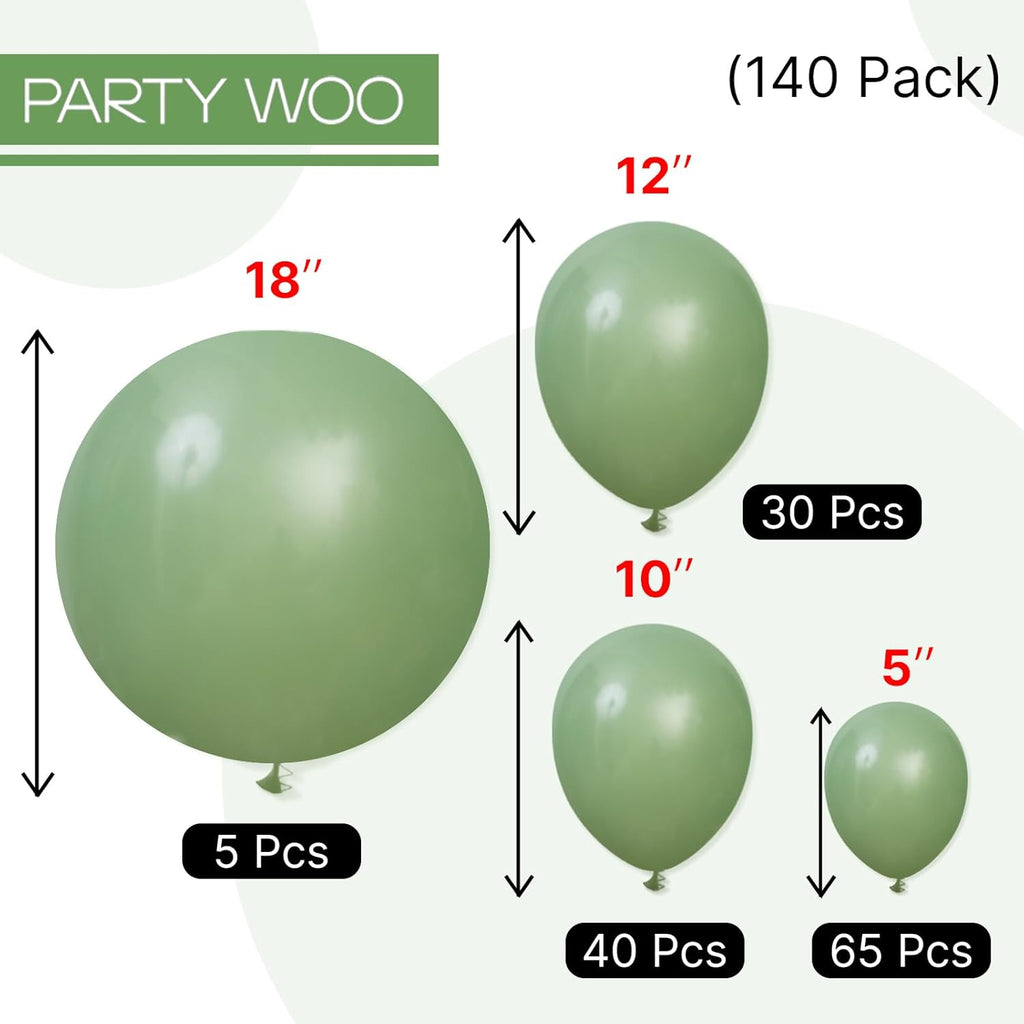 PartyWoo Sage Green Balloons - 140-Piece Boho Balloon Arch Kit for Jungle Birthday Decor | 5-12 Inch Sizes
