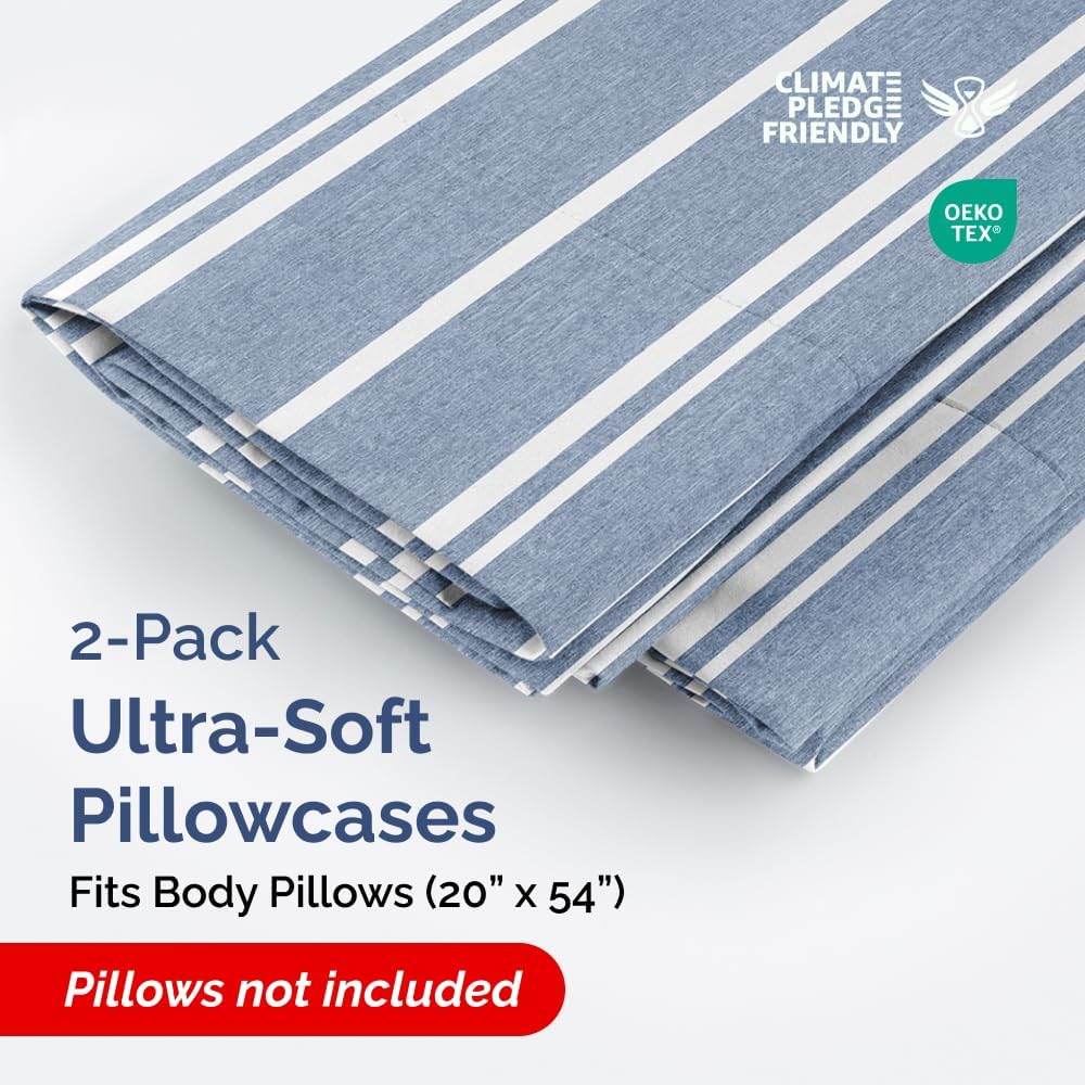 Skiennix Body Pillowcases Set of 2 | Soft 20x54 Long Pillow Covers for Comfortable Sleep - Blue Stripes, Machine Washable