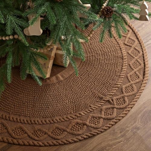 LimBridge Medium Brown Diamond Edge Knit Christmas Tree Skirt - 48in Neutral Rustic Boho