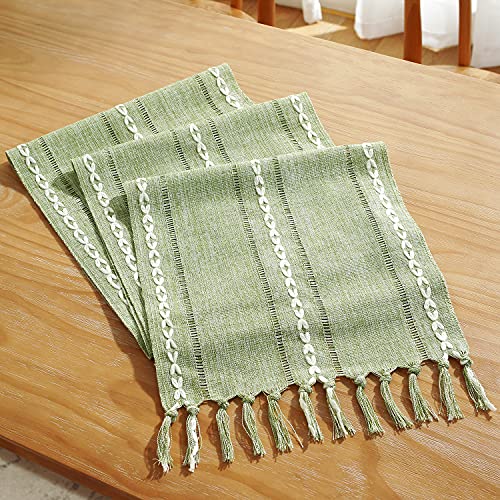 Chassic Hemstitched Sage Green 13"W x 48"L Linen Table Runner - Rustic Farmhouse, Tassel Embroidered