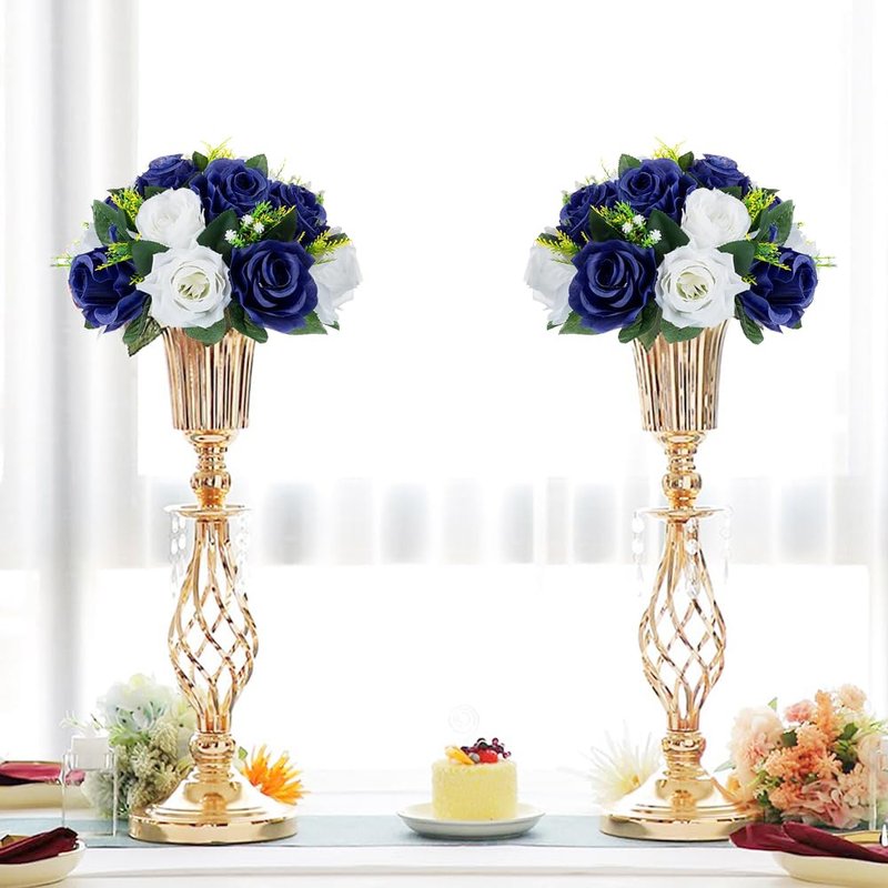 QUTUNI 10Pcs Fake Flower Ball Arrangement Bouquet, 9.5" 15 Heads Plastic Roses with Base,Suitable for Parties Valentine's Day Wedding Centerpiece Flower Rack and Home Décor (Navy Blue & White)