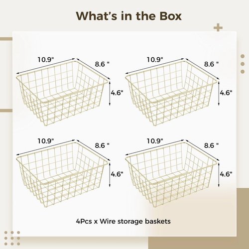 Homaisson 4 PCS Gold Wire Baskets, 10.9'' x 8.6'' x 4.6''Metal Storage Baskets, Wire Mesh Storage Organizers, Wire Baskets for Organizing, Metal Storage Bins for Pantry Kitchen Bathroom, Gold