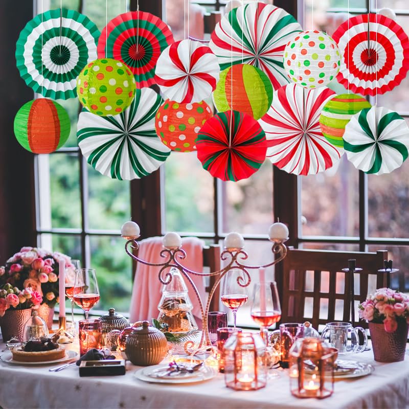 15 Pcs Christmas Candy Party Decorations Set - Red, Green & White Honeycomb Fans & Lanterns for Holiday Festivities