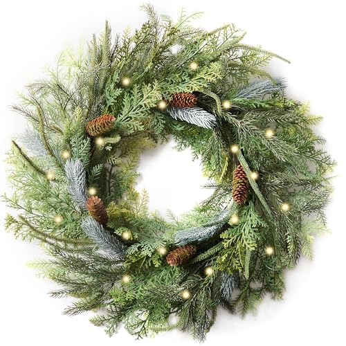 DecorbyHannah 24" Woodland Norfolk Pine Christmas Wreath with Lights - Seasonal Holiday Decor