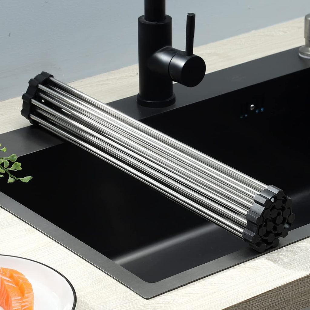 Skiennix Roll-Up Dish Drying Rack - 304 Stainless Steel, Foldable & Easy to Store | 17" x 13.5" - Black