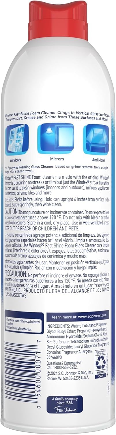 Windex Fast Shine Foam Glass Cleaner - Streak-Free Aerosol Spray for Windows, Mirrors & Counters | 19 oz