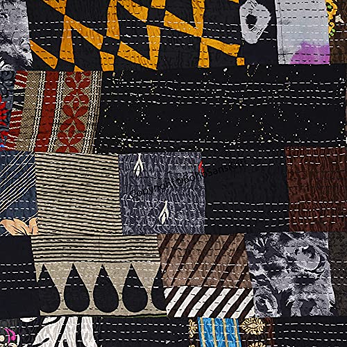 Hand Quilted Kantha Quilt - Premium Patchwork Bedspread in Black