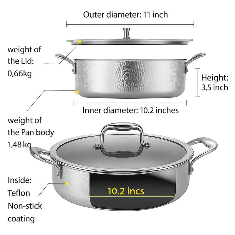 11.3 Inch Stainless Steel Saute Pan with Lid, Tri-Ply Saute 5-Quart, Induction Large Skillet, Deep Frying Pan, PFOA free, Non-Stick Coating, Dishwasher & Oven Safe, Suitable for Induction & Gas