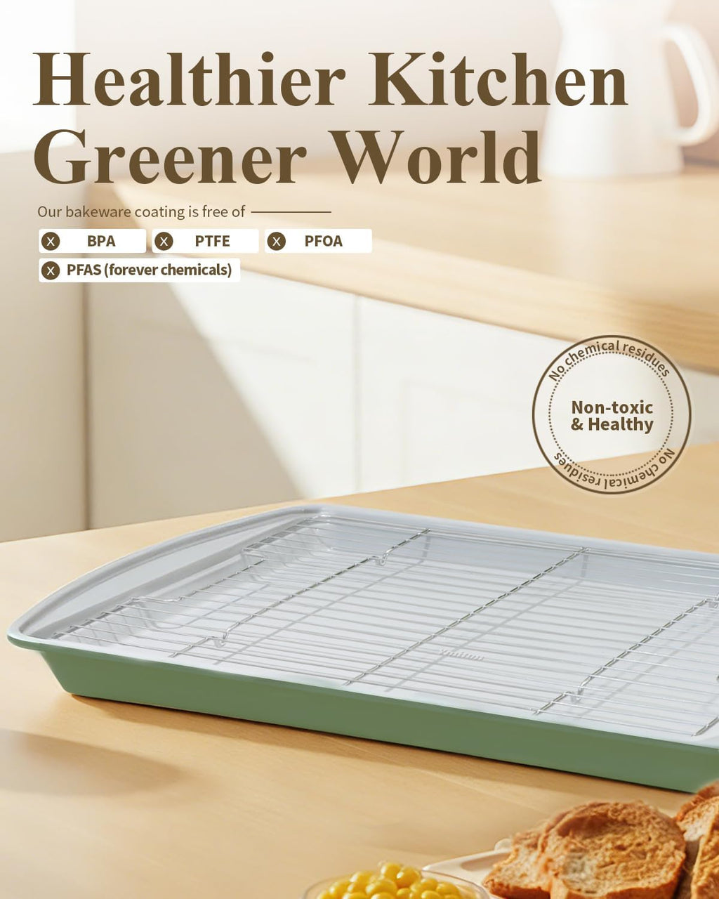 Nonstick Crisp Baking Tray - Ceramic Coating Jelly Roll Cookie Sheet Pan | 15x10, PTFE & PFOA Free, Oven Safe 550°F, Dishwasher Safe, Aluminized Steel, Pistachio Green