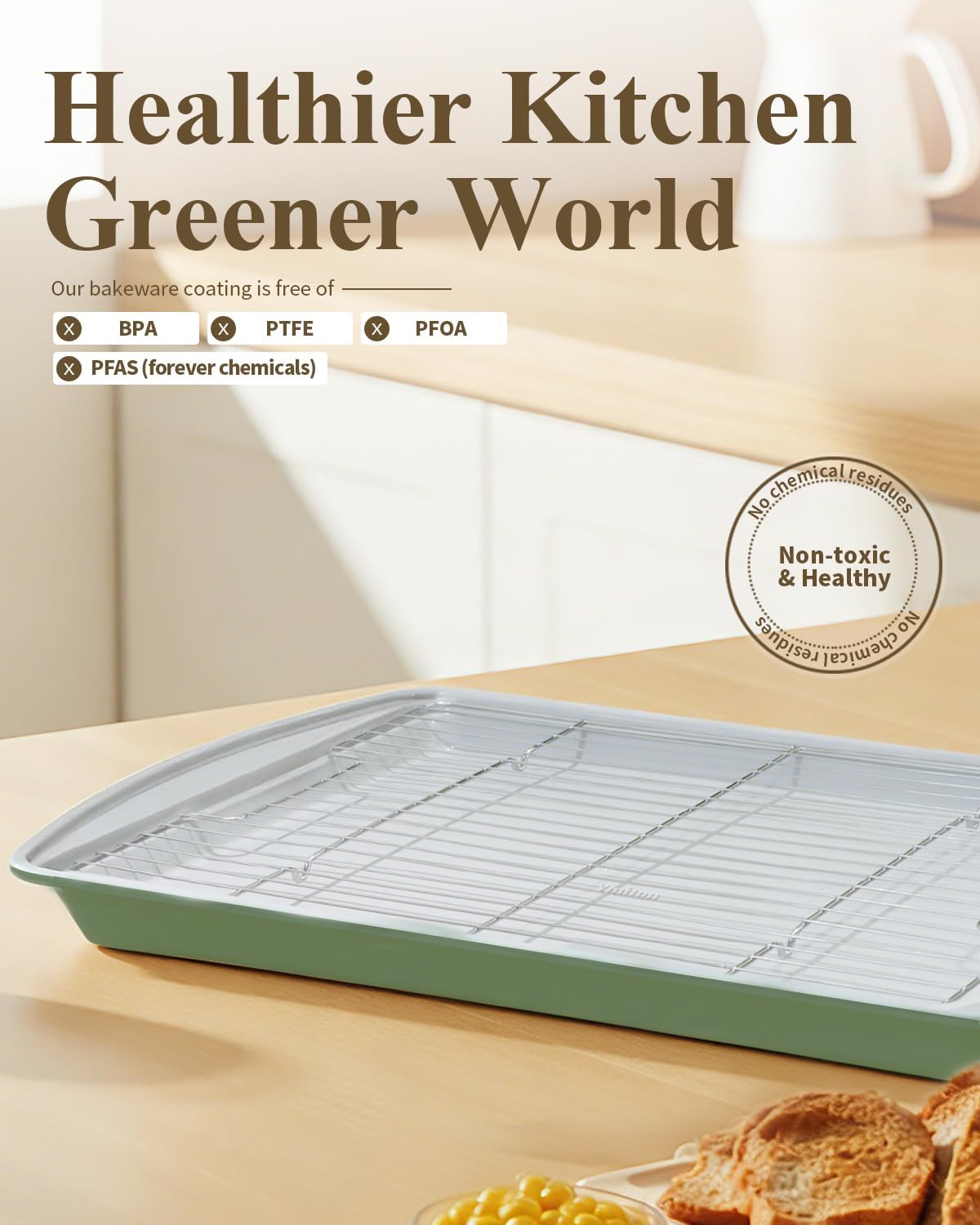 Nonstick Crisp Baking Tray - Ceramic Coating Jelly Roll Cookie Sheet Pan | 15x10, PTFE & PFOA Free, Oven Safe 550°F, Dishwasher Safe, Aluminized Steel, Pistachio Green