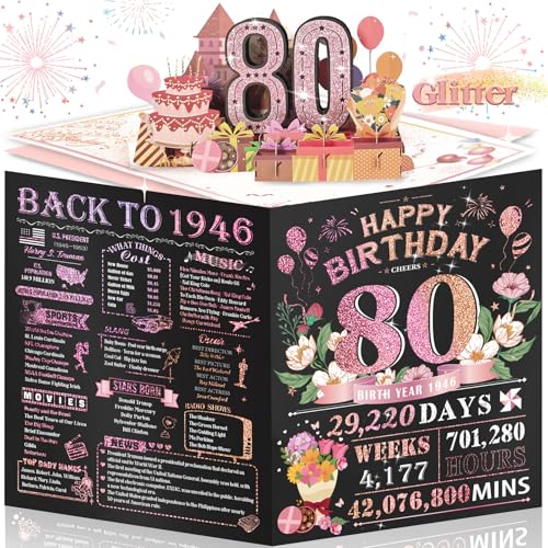 80th Birthday Pop Up Card for Women Pink 3D Greeting Card with Envelope
