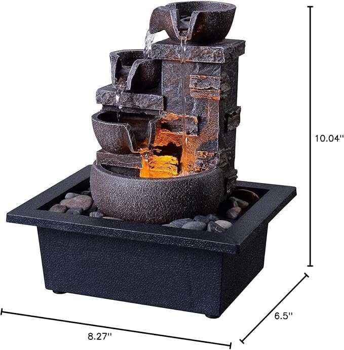 4-Tier Tabletop Indoor Water Fountain - Resin Rock Waterfall Decor