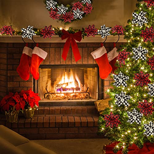 12 Pcs Christmas Buffalo Plaid Poinsettia Ornaments with Glitter - Holiday Tree Decorations