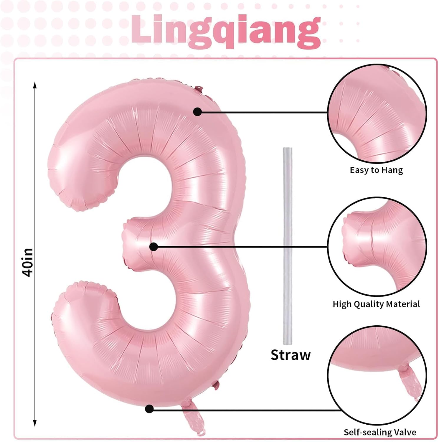 Pastel Pink Number 3 Balloon - 40 Inch Giant Pearl Light Pink Helium Foil for 3rd Birthday & Celebrations