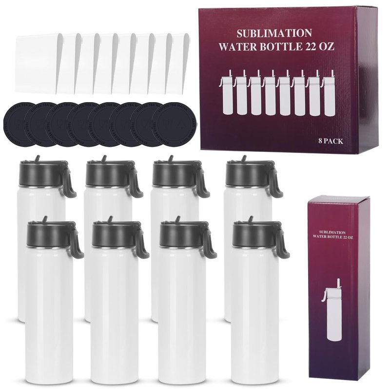 Draheri Sublimation Sports Water Bottle blanks, 22 Oz Sublimation Tumblers, Double Wall Stainless Steel Sports Water Bottle Flask with Portable Handle, Individually Boxed (8 Pack)