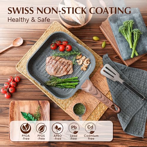 Nonstick Square Grill Pan for Stove Tops - 9.5 Inch Induction Skillet