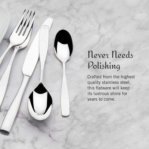 Mikasa Satin Loft 65-Piece Flatware Set - Elegant 18/10 Stainless Steel Silverware for 12 | Forks, Knives, Spoons & Serving Utensils