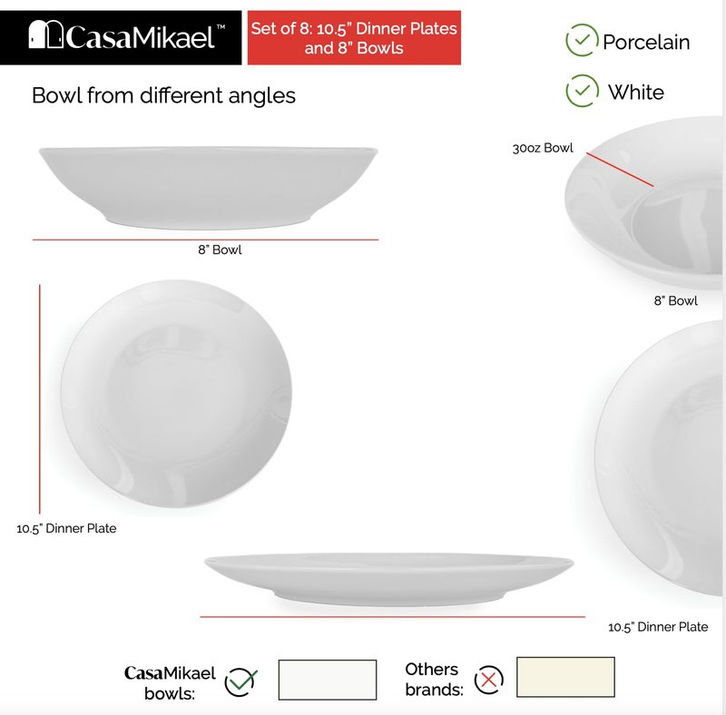 CasaMikael™ - Set of 8 – (4) 10.5" Dinner Plates + (4) 8″ White Porcelain Dinner Plates – SERENO COLLECTION