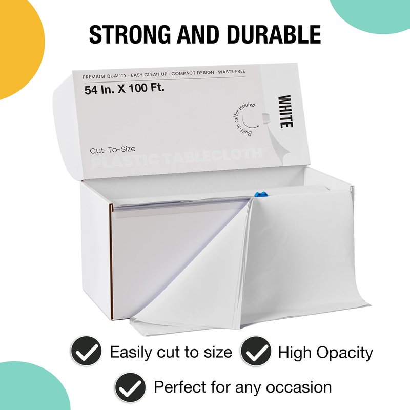 Party Solids 54 Inch X 100 Feet White Plastic Table Cover Roll in A Cut - to - Size Box with Convenient Slide Cutter. Cuts Up to 12 Rectangle 8 Feet Plastic Disposable Tablecloths