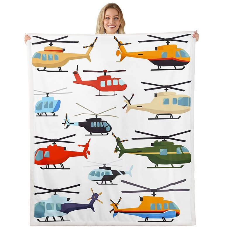 Airplane Sherpa Blanket Throw 50"x60" Aircraft Helicopter Blanket Throw For Kids Boys Teens Young Man Cartoon Airplanes Fleece Blanket Aviation Theme Fuzzy Blanket Bedroom Sofa Decor White