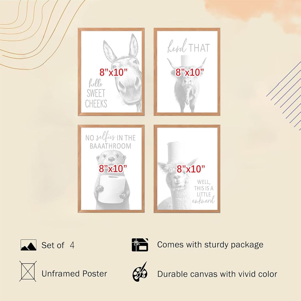 Regine Switzerland Funny Bathroom Wall Art - Rustic Black and White Animal Prints | Unframed 8x10" Set of 4