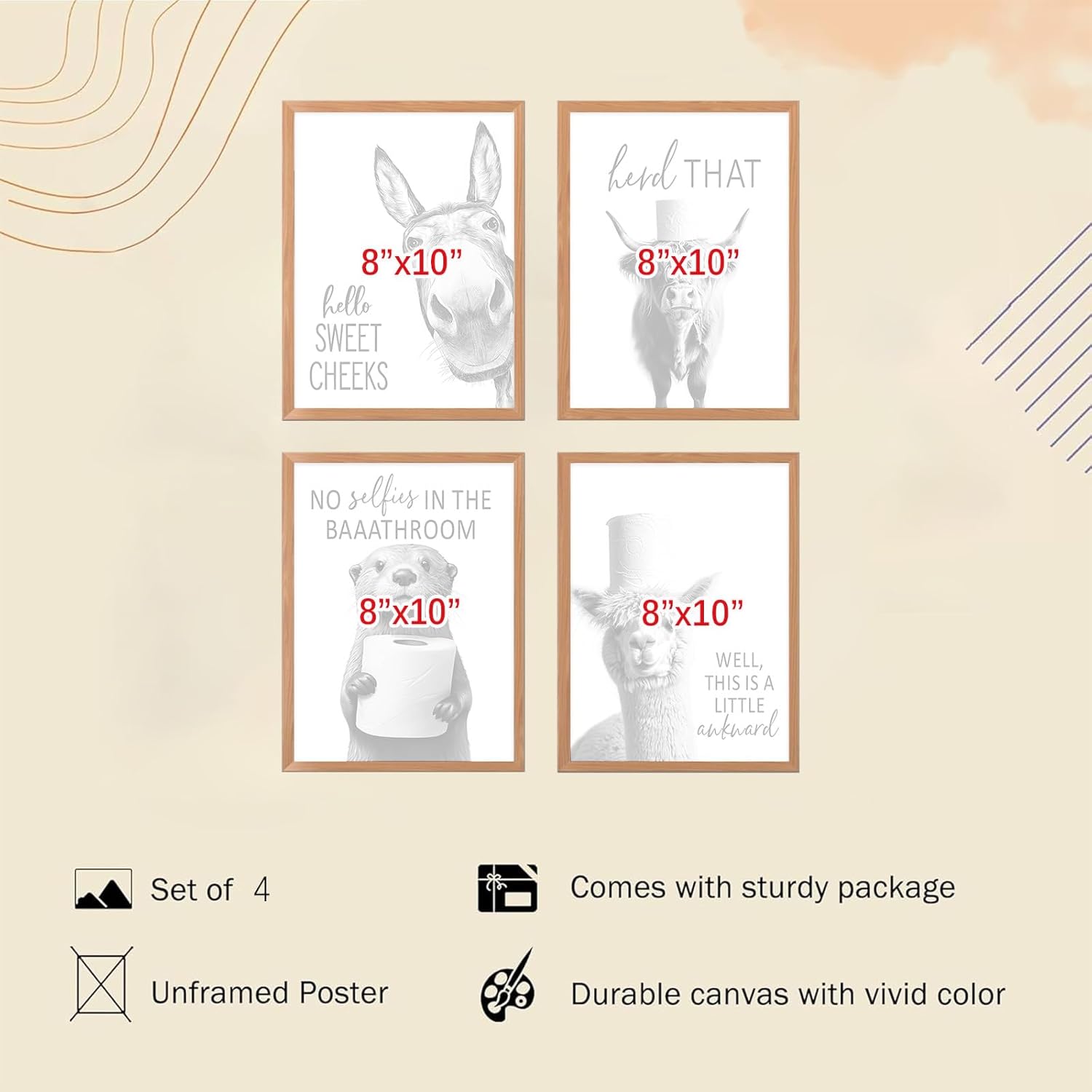 Regine Switzerland Funny Bathroom Wall Art - Rustic Black and White Animal Prints | Unframed 8x10" Set of 4