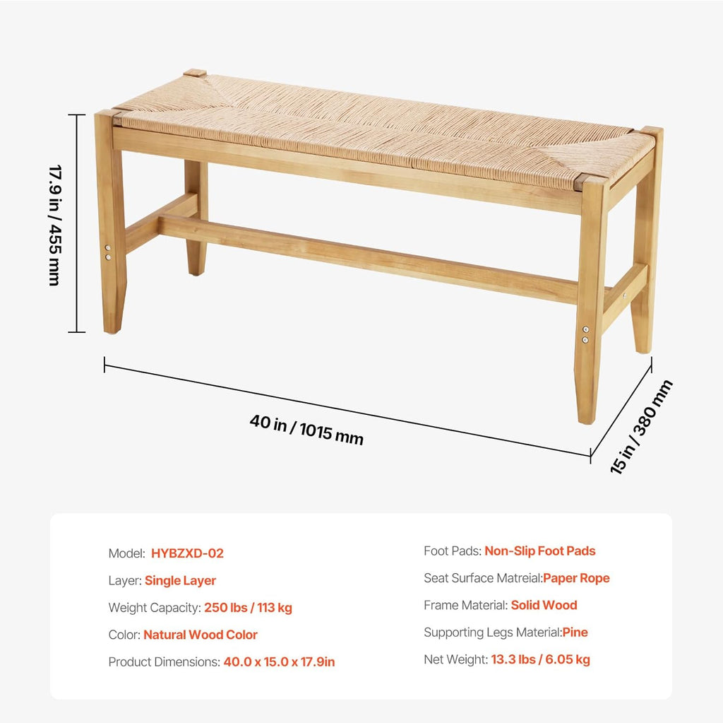 VEVOR Rattan Bench - 40" Wooden Entryway Bench with Oak Legs | Hand-Woven Boho Style for Living Room & Bedroom