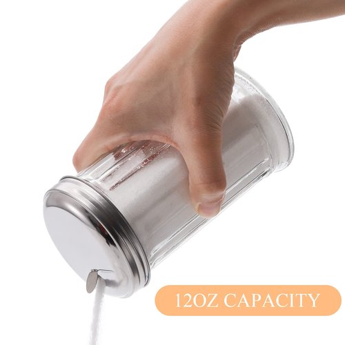 Tebery 2 Pack 12OZ Glass Sugar Dispenser/Pourer/Shaker with Stainless Steel Pour-Flap Lid, Retro Style