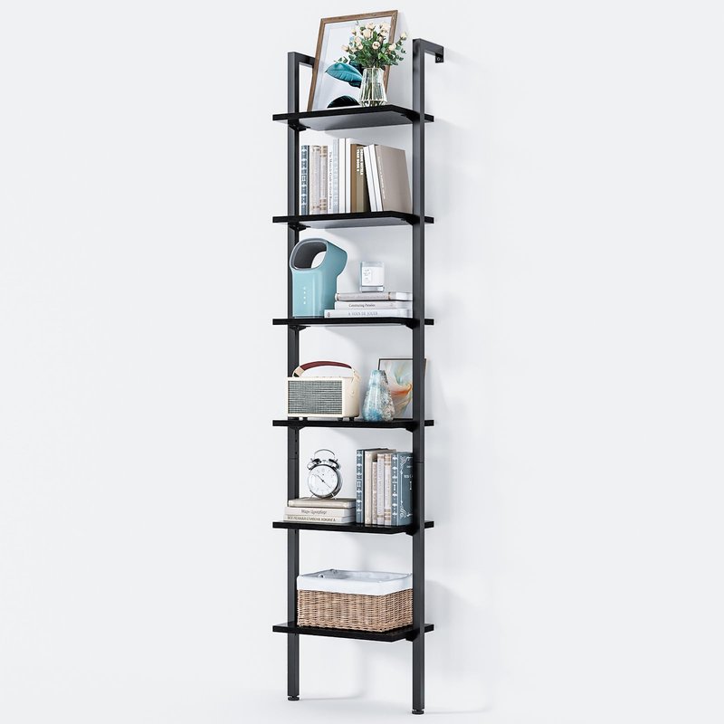 ODK 5-Tier Ladder Bookcase, Industrial Storage Shelf with Metal Frame for Living Room, Home Office, Kitchen & Bedroom, Space Saving Freestanding Organizer Rack, Black (8" D x 16" W x 74" H)