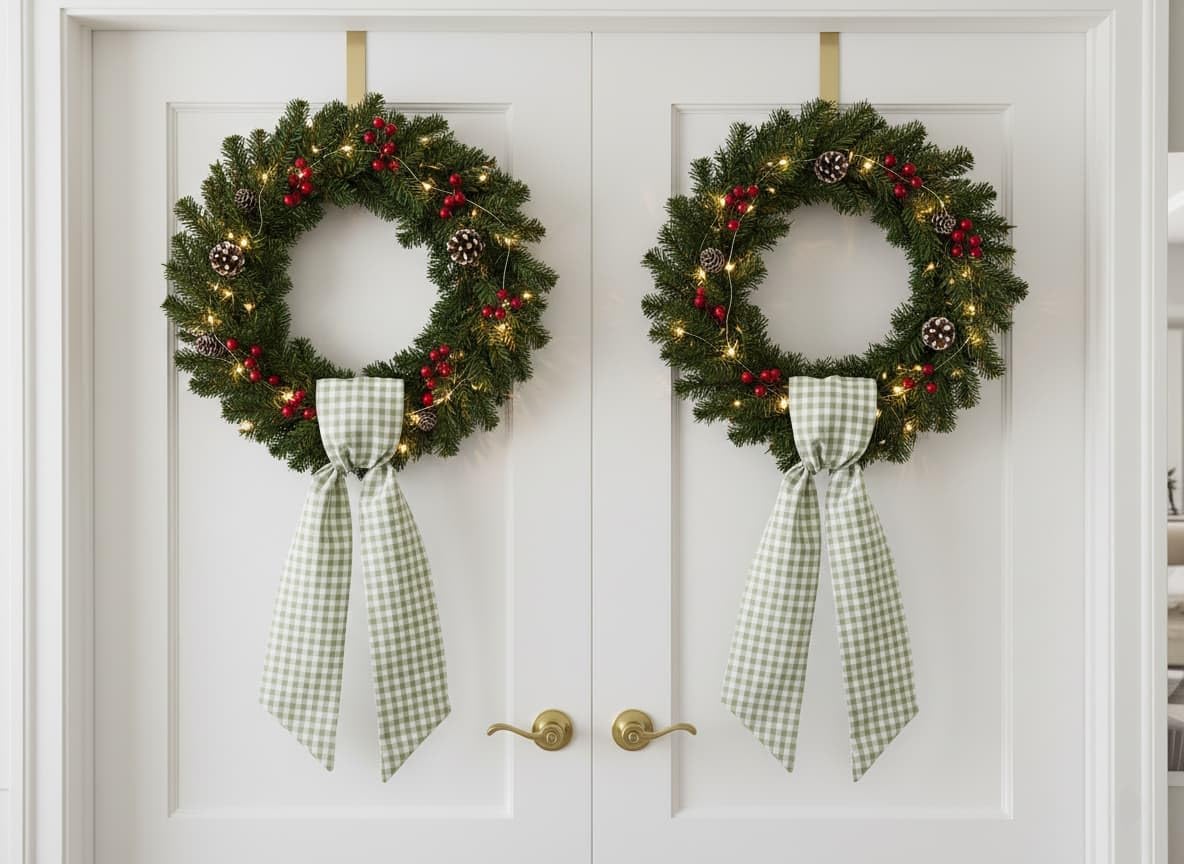 Skiennix Wreath Sash - Green and White Checkered Plaid Bow Ribbon Bundle | 2 Pack for Home Decor (5.12" x 54.33")