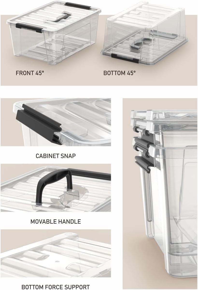WYT Clear Storage Latch Bins - 6-Pack Organizer Boxes with Handles and Lids | 5-Litre Capacity