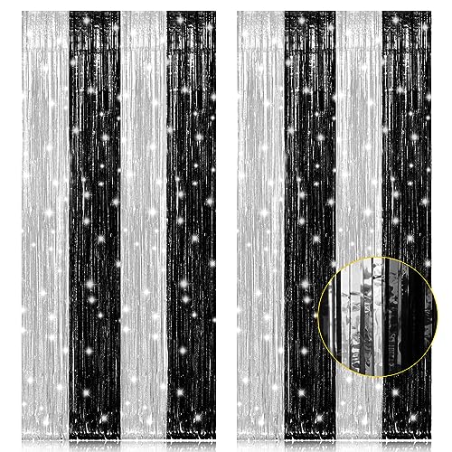 Black and Silver Foil Fringe Curtains (2 Pack, 3.2 x 8.2 ft) Photo Backdrop