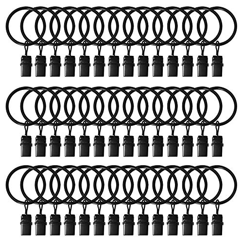42 Pack Metal Curtain Rings with Clips for 1 Inch Drapery Rods, Black