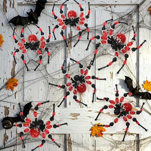Reallnaive 8 pcs Red & Black Beaded Spider Halloween Hanging Ornaments