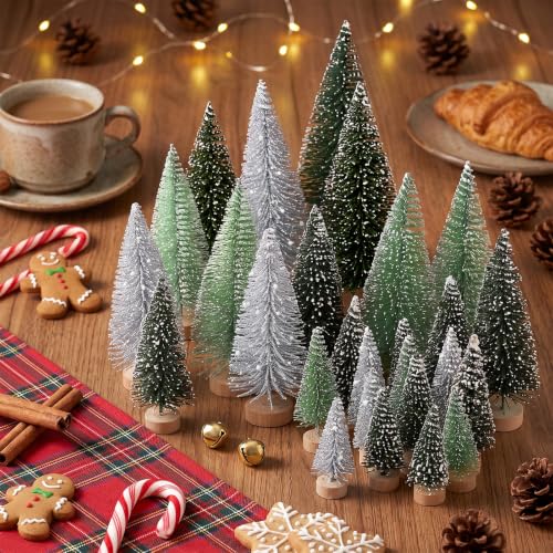 Hatisan 30pcs Mini Christmas Trees Artificial Snowy Bottle Brush Trees with Wooden Base - Silver