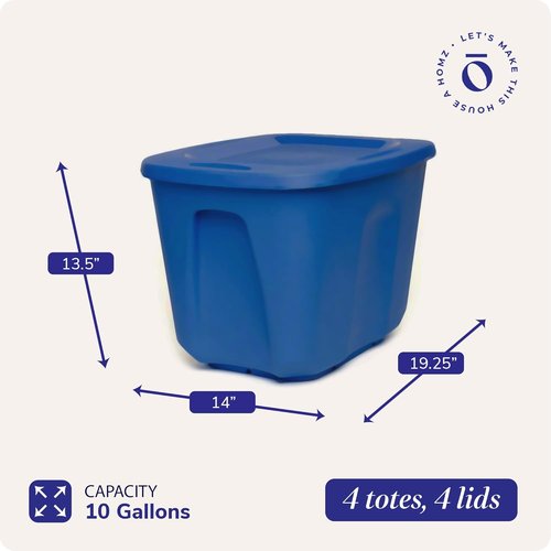 HOMZ 10 Gallon Durable Molded Storage Bins - Stackable Plastic Containers with Lids, Blue | 4-Pack for Home Organization