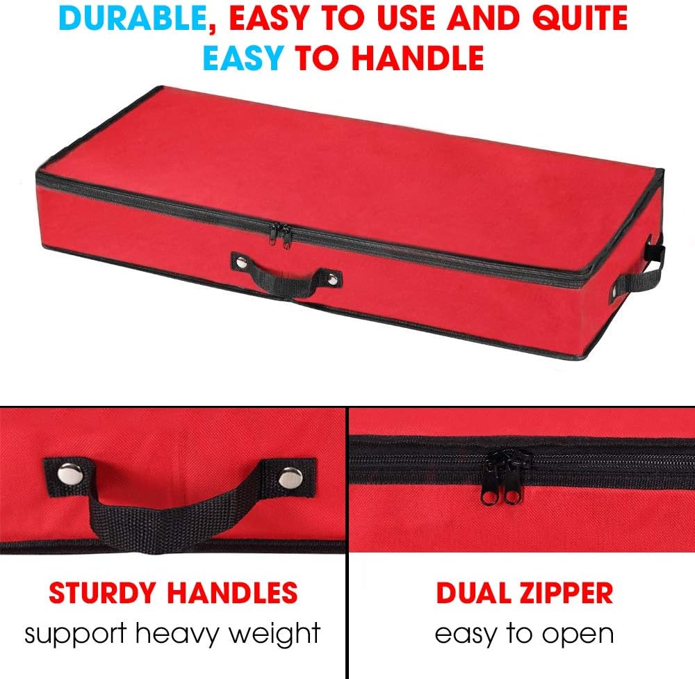 Primode Wrapping Paper Storage Container - Under Bed Gift Wrap Organizer for 30-Inch Rolls | 31”x13.5”x4.5” | Durable 600D Oxford Material with Pockets for Ribbons and Bows (Red)