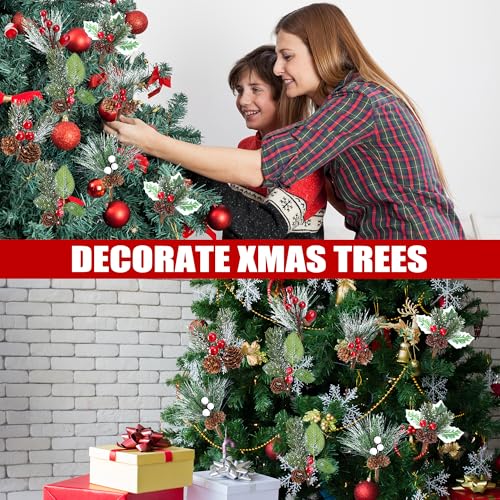 24 Pack Artificial Christmas Picks - 6 Styles Snow Frosted Berry Pine Cones Wreath Decor