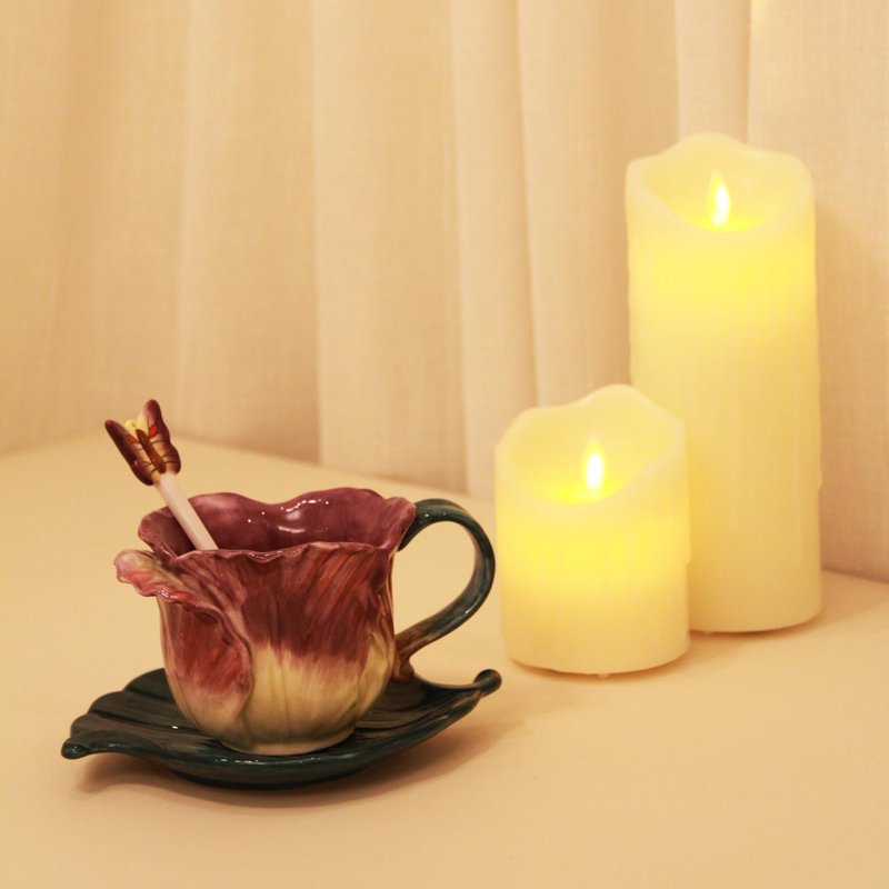 Minigift Ceramic Tea Cup and Saucer Set ，6OZ 3D Hand-Painted Flower and Lotus Leaf Coffee Mug，Gift for Women- Purple Tulip