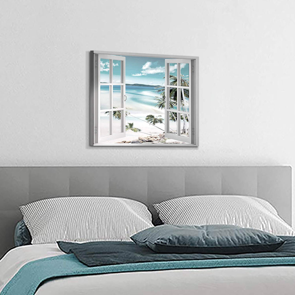 Hardy Gallery Open Windows Canvas Wall Art: Beach with Coastal Palm Graphic Artwork Print on Wrapped Canvas for Wall Decor(24''x18'')