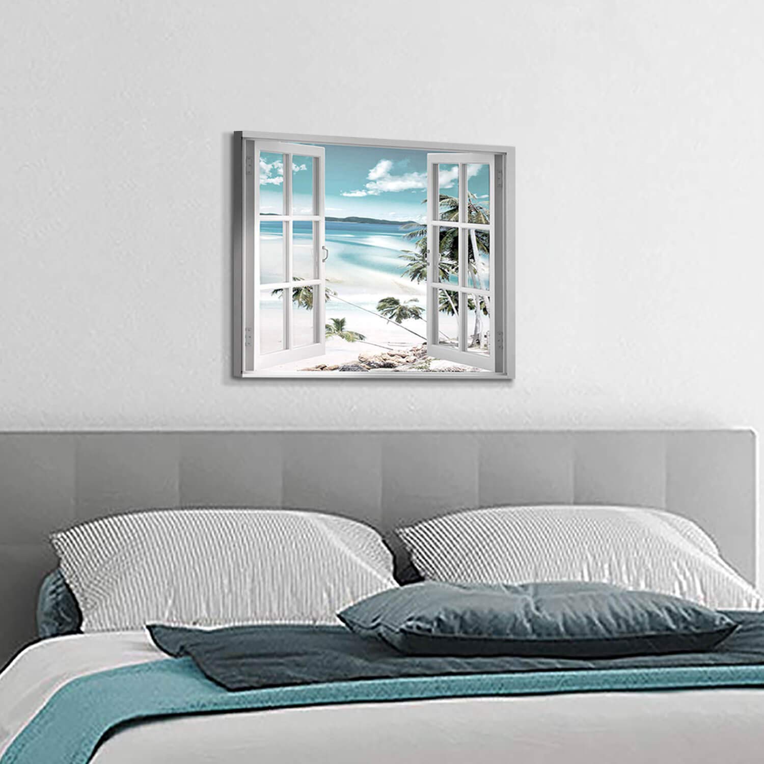 Hardy Gallery Open Windows Canvas Wall Art: Beach with Coastal Palm Graphic Artwork Print on Wrapped Canvas for Wall Decor(24''x18'')