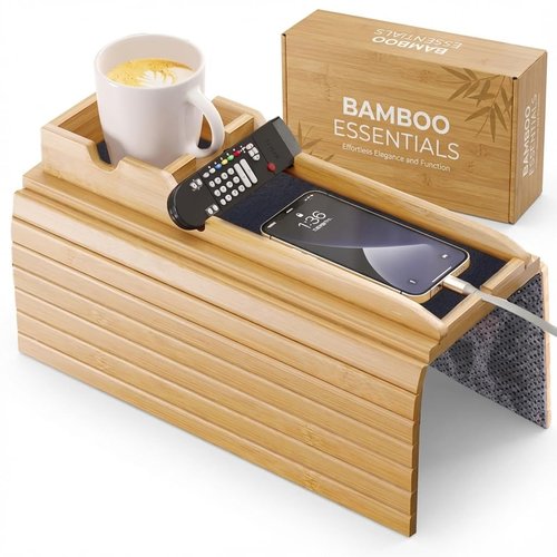 Couch Armrest Table Set of 2 - with Detachable Couch Cup Holder Tray | Foldable Non-Slip Bamboo Sofa Arm Tray for Remotes, Phones, Drinks and Snacks | Space-Saving Arm Rest Table - 17.7" x 12.8