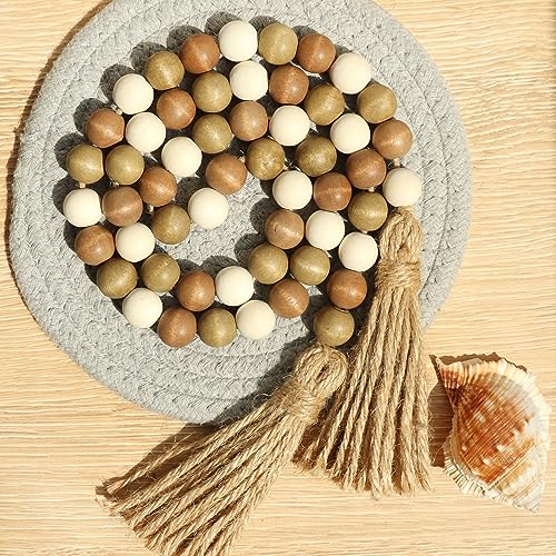 39-inch Wood Bead Garland with Tassels, Rustic Farmhouse Boho Decor