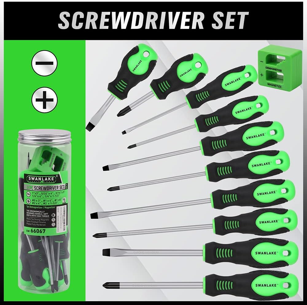 SWANLAKE 11PCS Screwdriver Set - Magnetic Phillips & Flat Head Tips for Easy Fastening & Loosening