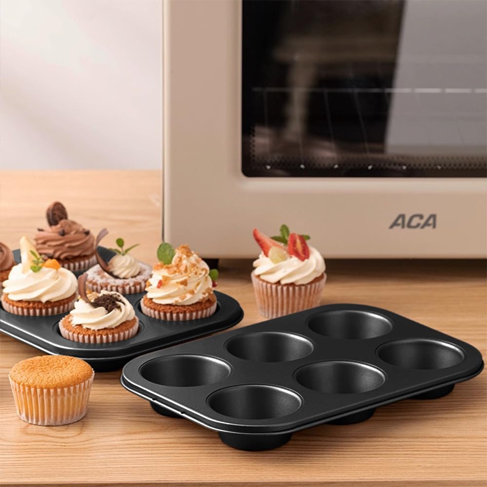 Premium Steel Muffin Pan by [Brand Name] - 2 Pack Round Baking Tray for Muffins & Cupcakes (Black, 6 Cup)