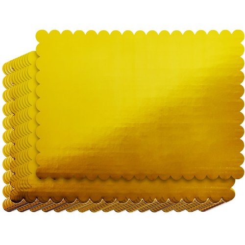 Sparkle and Bash Cake Board Rectangle - 10 x 14 in, Gold, 12 Pack - Quarter Sheet Cake Board for Cupcakes & Scalloped Gold Foil Bases