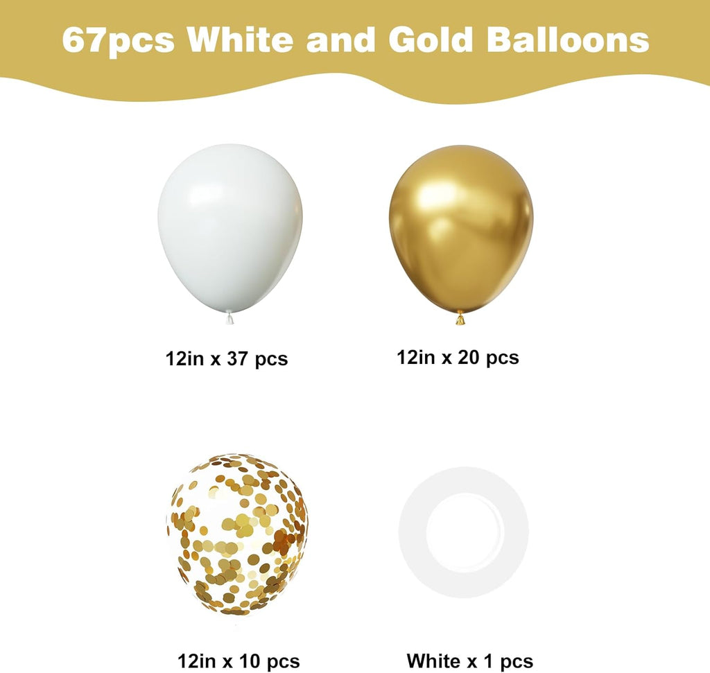 YMSZ Gold and White Confetti Balloons - 67pcs 12 Inch Latex Balloons for Party Decorations