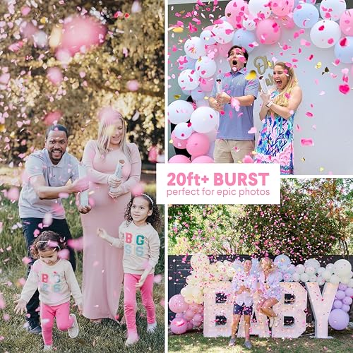 PrimePure Pink Heart Confetti Cannon for Baby Girl Gender Reveal 2 Pack
